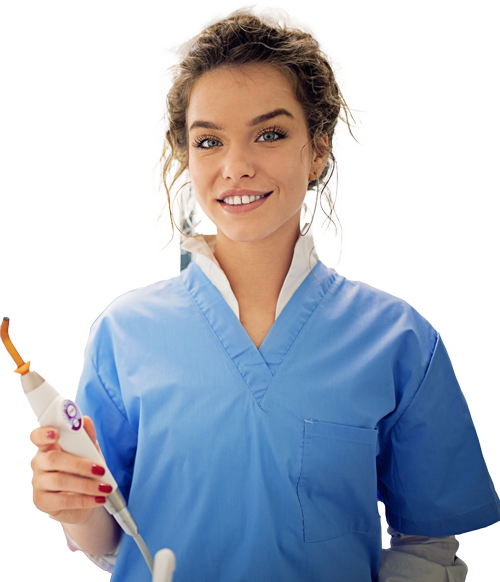 Female dental hygenist in blue scrubs
