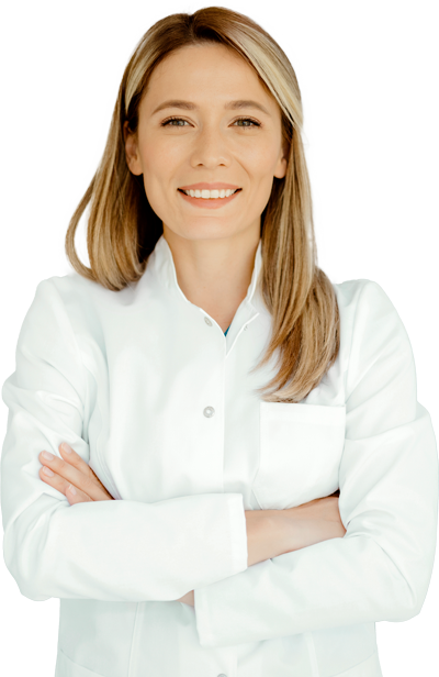 Female dentist in white lab coat