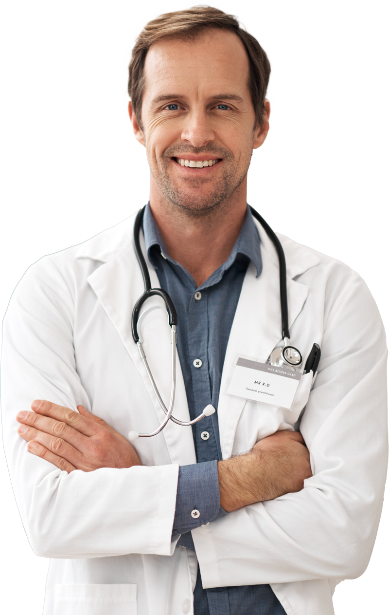 male doctor with arms crossed and stethascope around his neck